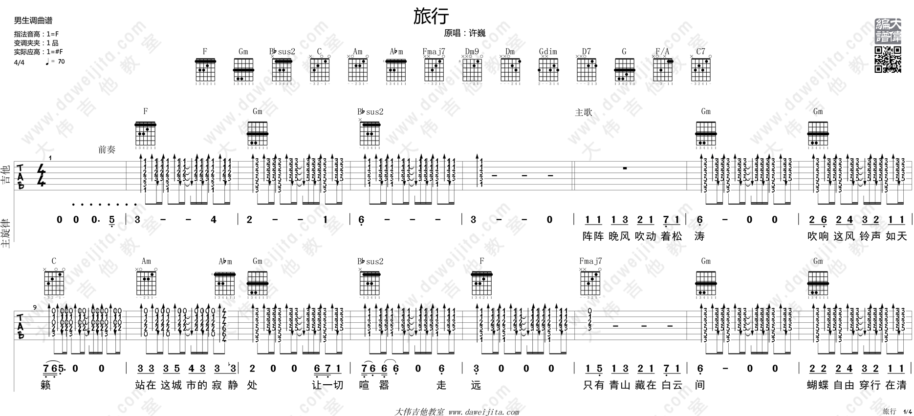 《旅行》,许巍（六线谱 调六线吉他谱-虫虫吉他谱免费下载