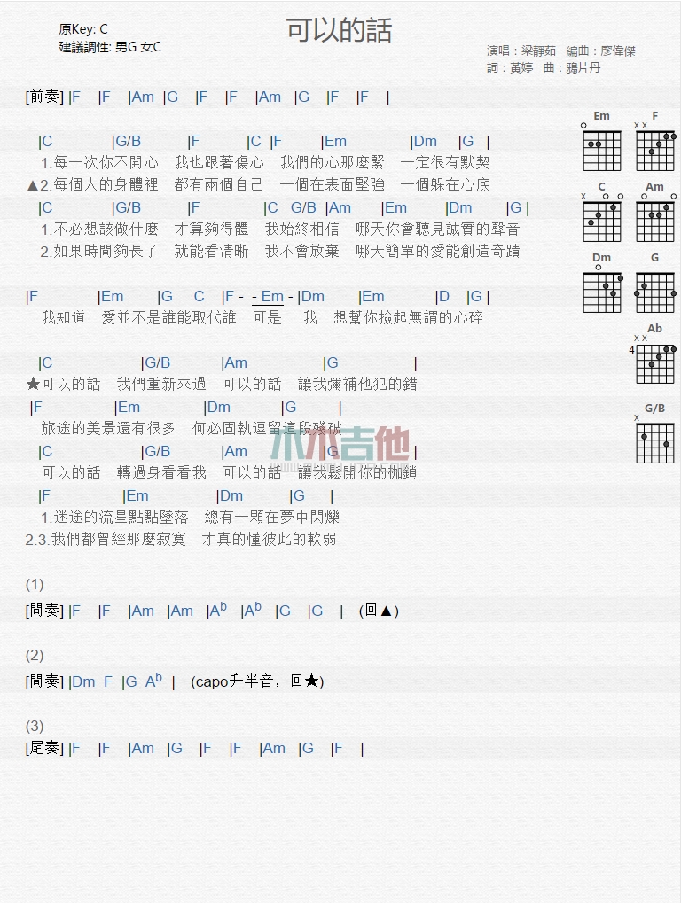 可以的话吉他谱,简单C调原版指弹曲谱,梁静茹高清流行弹唱六线乐谱