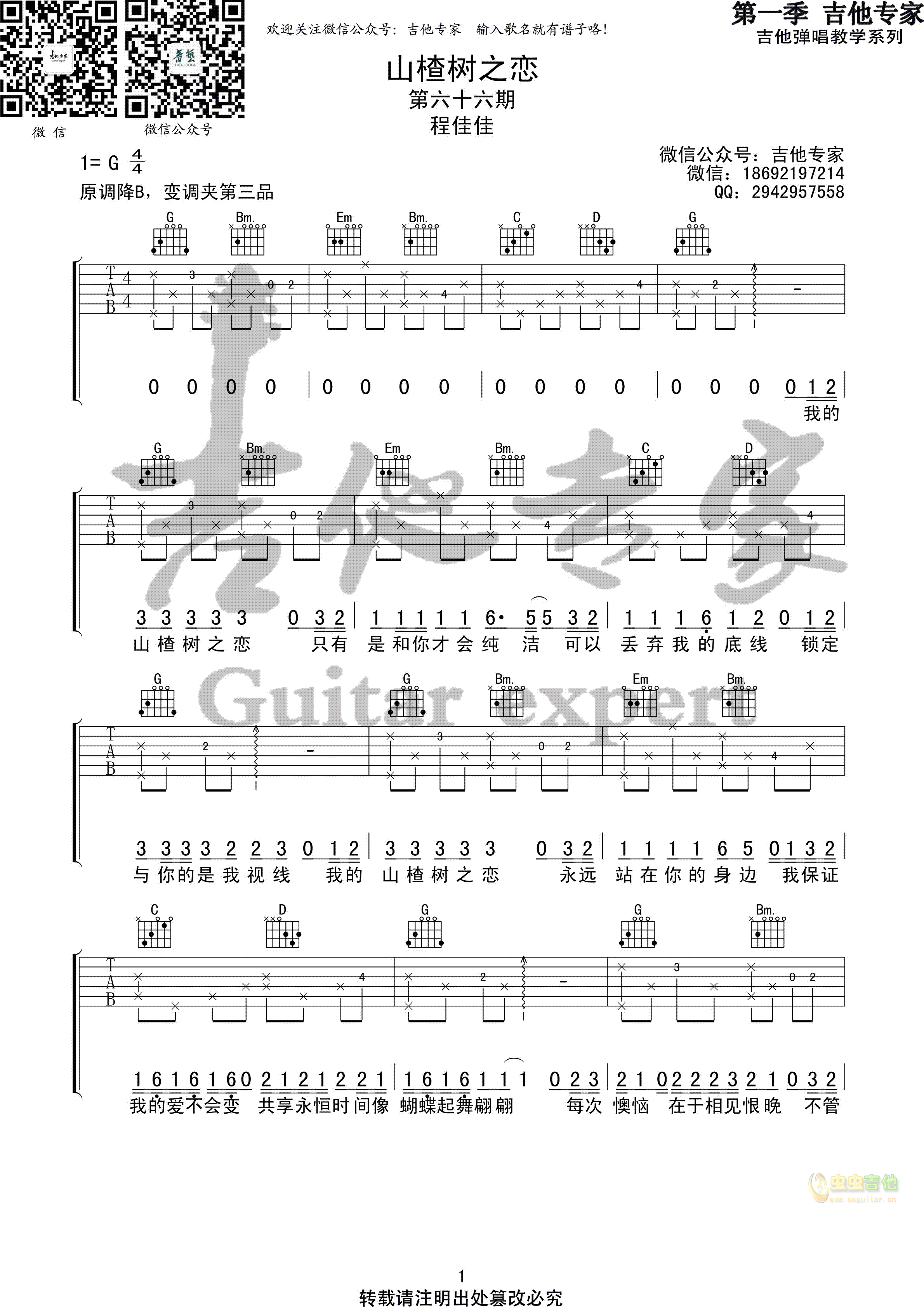 山楂树之恋吉他谱,原版歌曲,简单G调弹唱教学,六线谱指弹简谱5张图