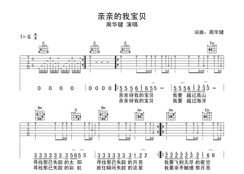 亲亲我的宝贝吉他谱,原版歌曲,简单G调弹唱教学,六线谱指弹简谱5张图