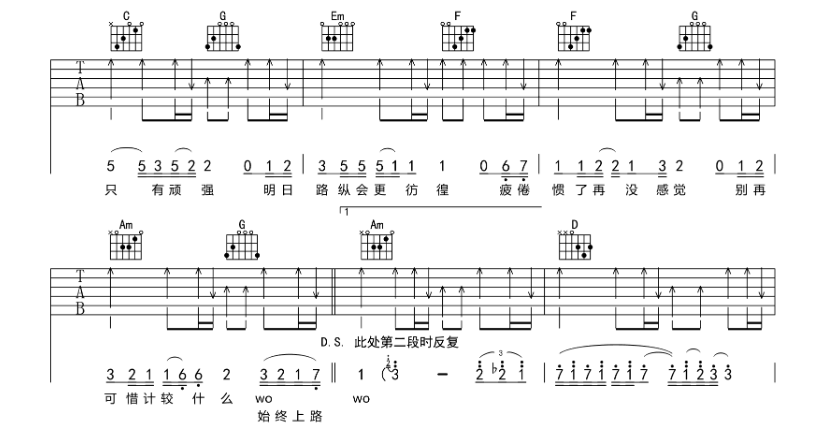 谁伴我闯荡吉他谱,原版歌曲,简单D调弹唱教学,六线谱指弹简谱6张图