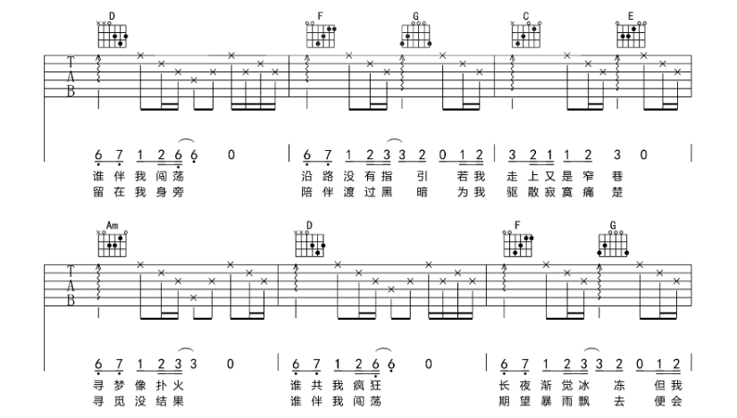谁伴我闯荡吉他谱,原版歌曲,简单D调弹唱教学,六线谱指弹简谱6张图