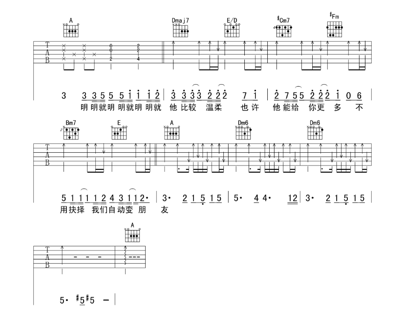 明明就吉他谱,原版歌曲,简单A调弹唱教学,六线谱指弹简谱5张图