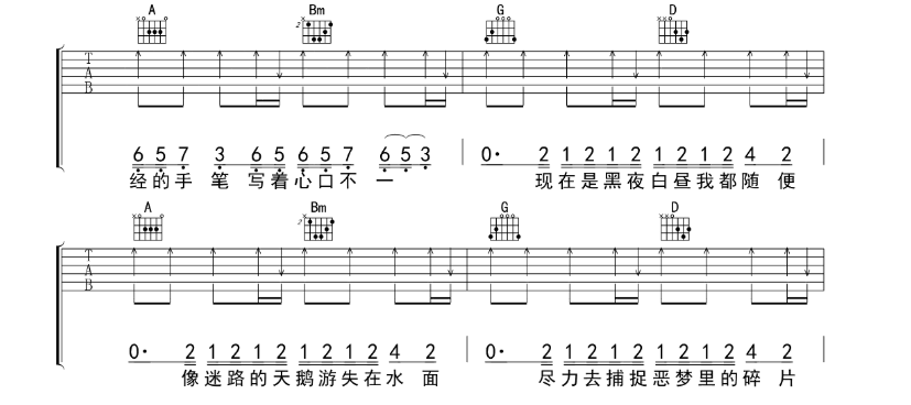 心如止水吉他谱,原版歌曲,简单B调弹唱教学,六线谱指弹简谱6张图