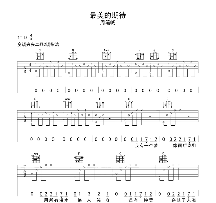 最美的期待吉他谱,原版歌曲,简单D调弹唱教学,六线谱指弹简谱6张图