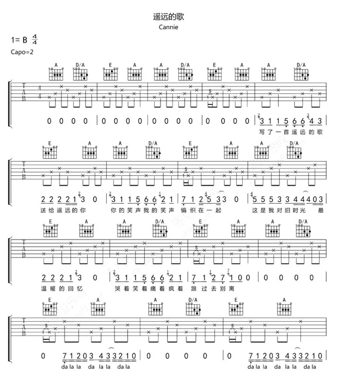 遥远的歌吉他谱,原版歌曲,简单B调弹唱教学,六线谱指弹简谱4张图
