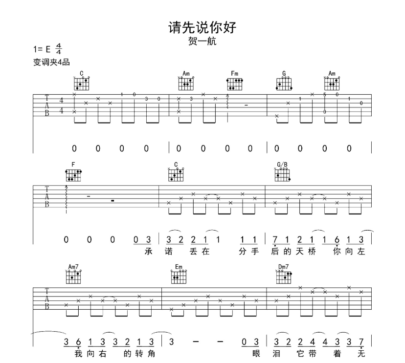 请先说你好吉他谱,原版歌曲,简单E调弹唱教学,六线谱指弹简谱11张图