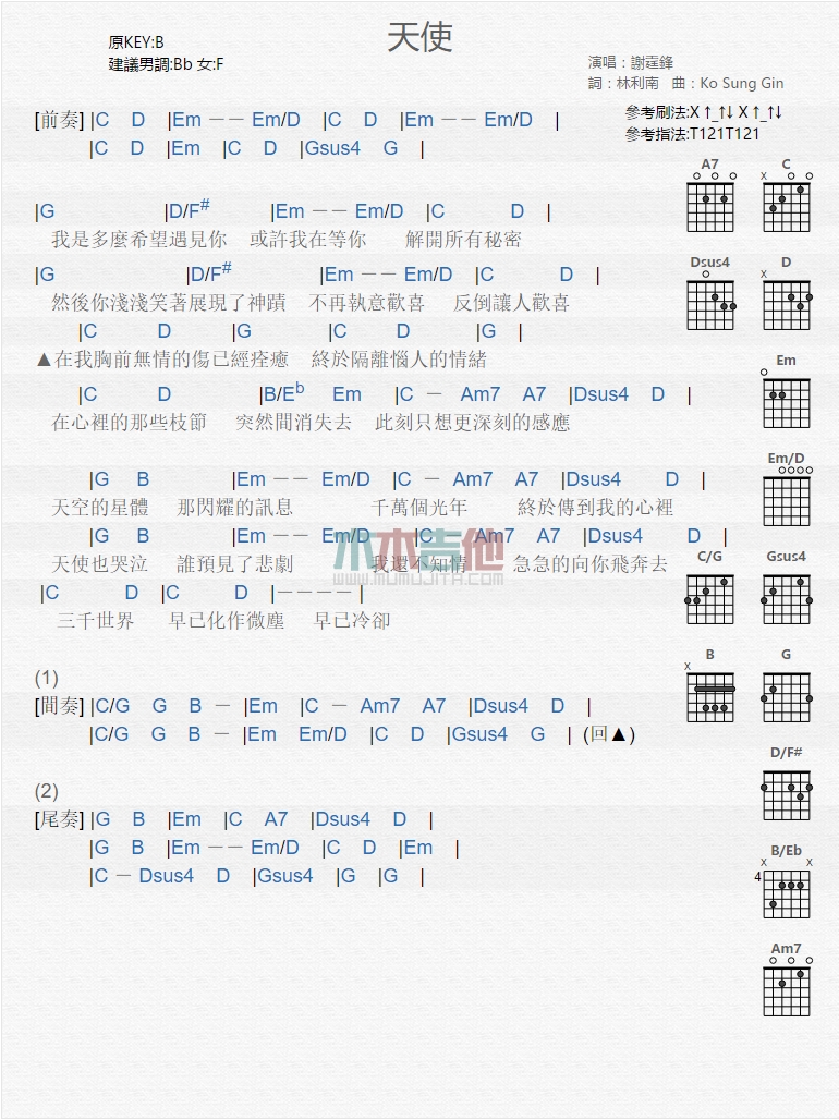 天使吉他谱,简单C调原版指弹曲谱,谢霆锋高清流行弹唱六线乐谱