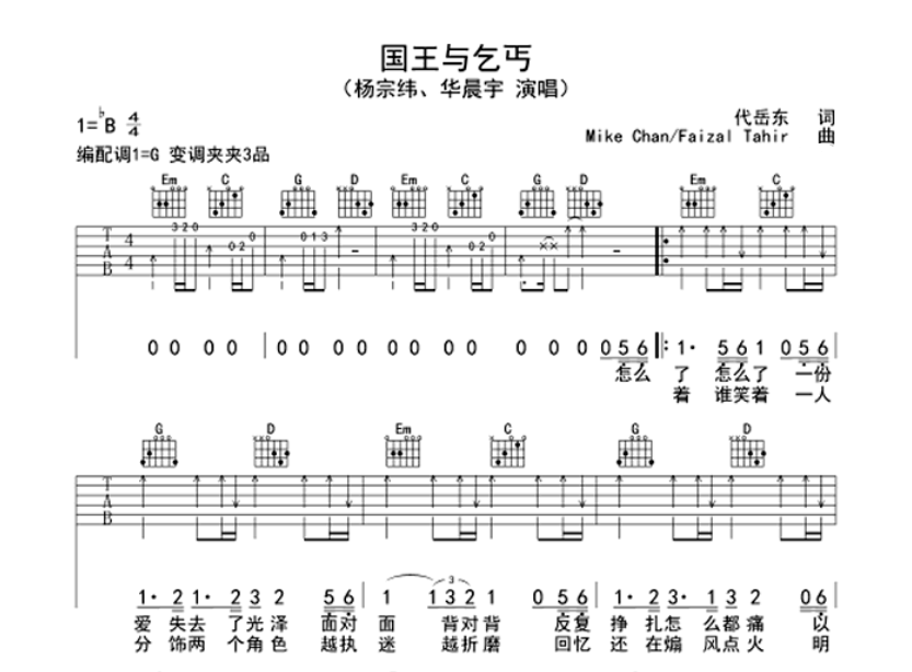 国王与乞丐吉他谱,原版歌曲,简单B调弹唱教学,六线谱指弹简谱5张图