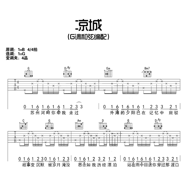 凉城吉他谱,原版歌曲,简单B调弹唱教学,六线谱指弹简谱6张图