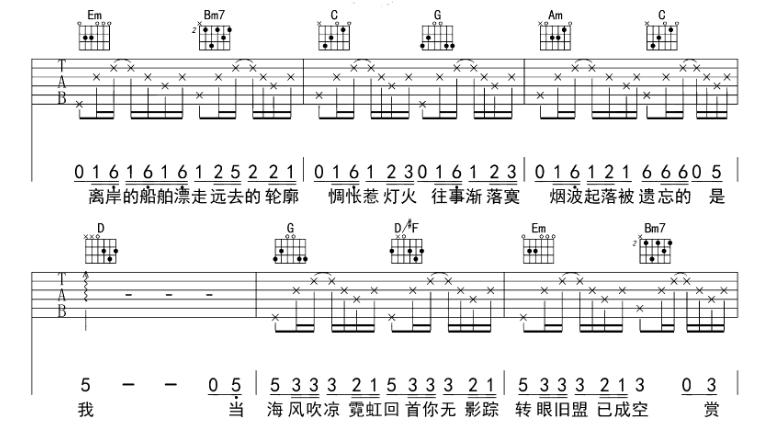 凉城吉他谱,原版歌曲,简单B调弹唱教学,六线谱指弹简谱6张图