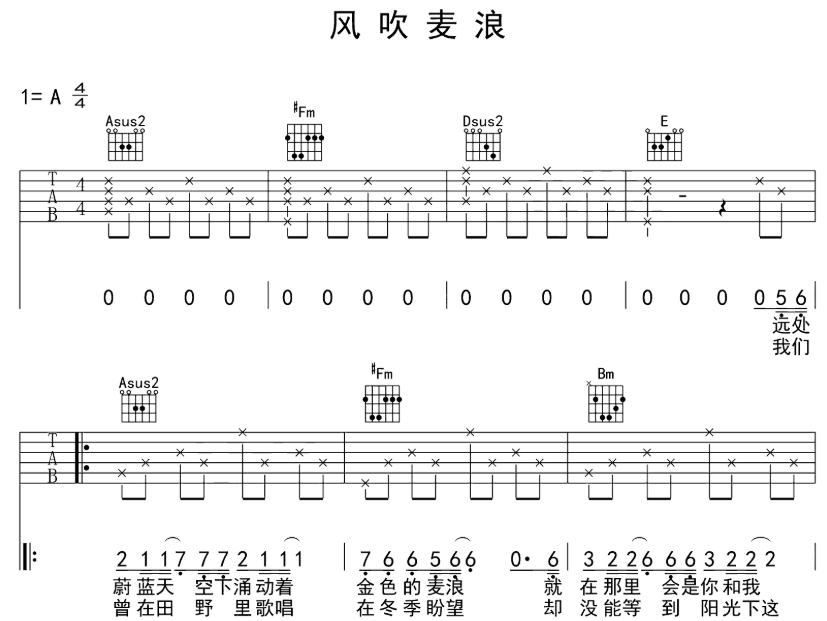 风吹麦浪吉他谱,原版歌曲,简单A调弹唱教学,六线谱指弹简谱4张图