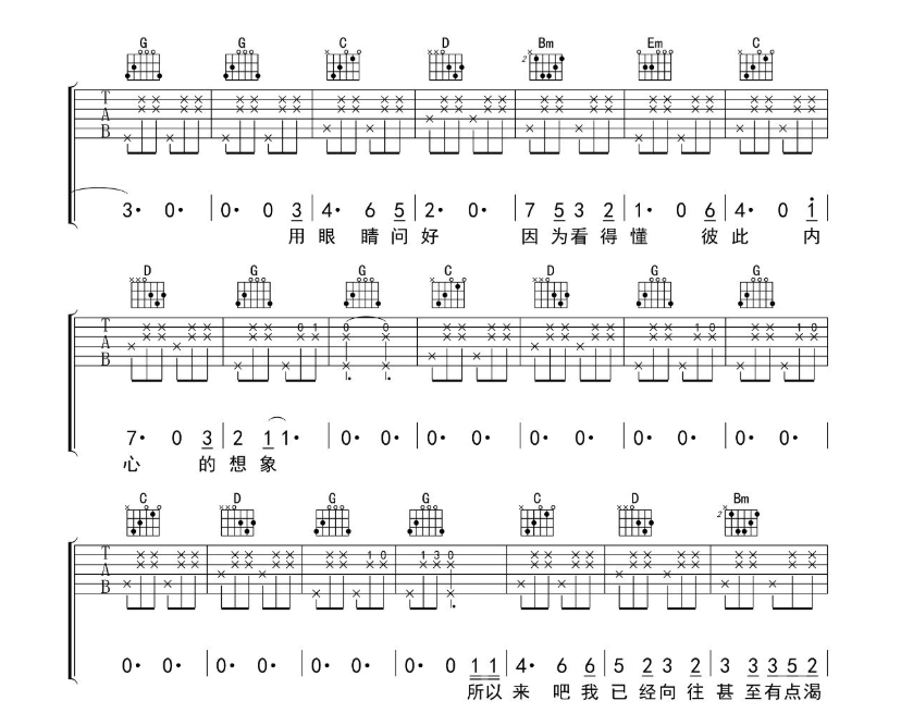 所以来吧吉他谱,原版歌曲,简单G调弹唱教学,六线谱指弹简谱6张图
