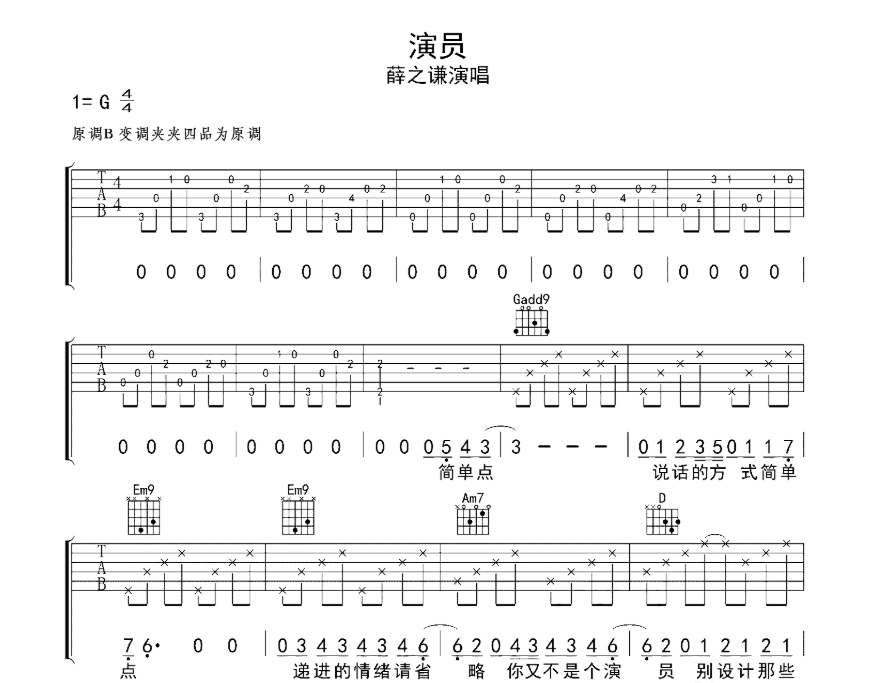 演员吉他谱,原版歌曲,简单G调弹唱教学,六线谱指弹简谱5张图