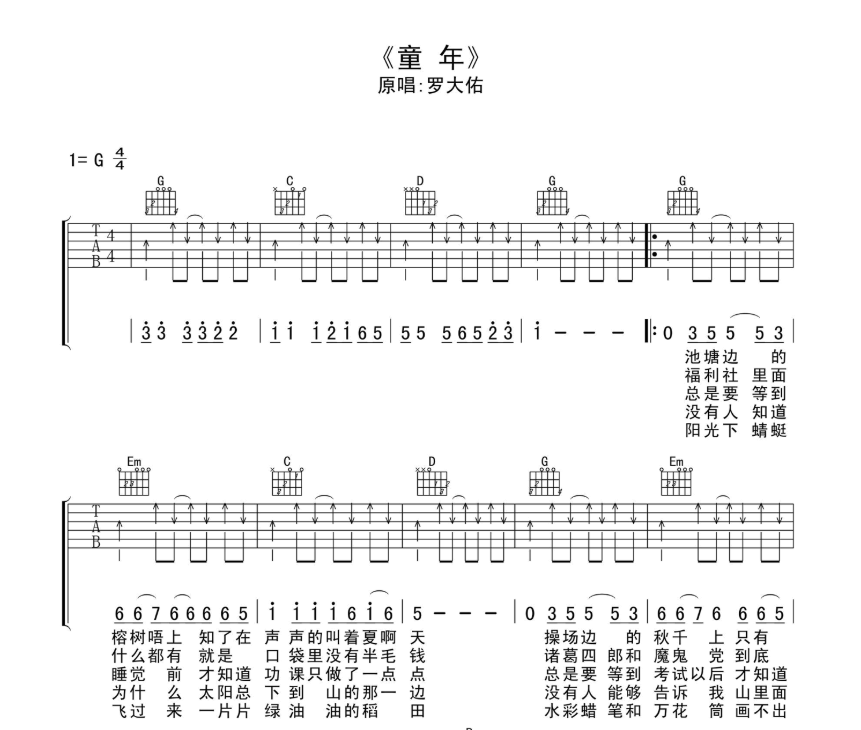 童年吉他谱,原版歌曲,简单G调弹唱教学,六线谱指弹简谱3张图