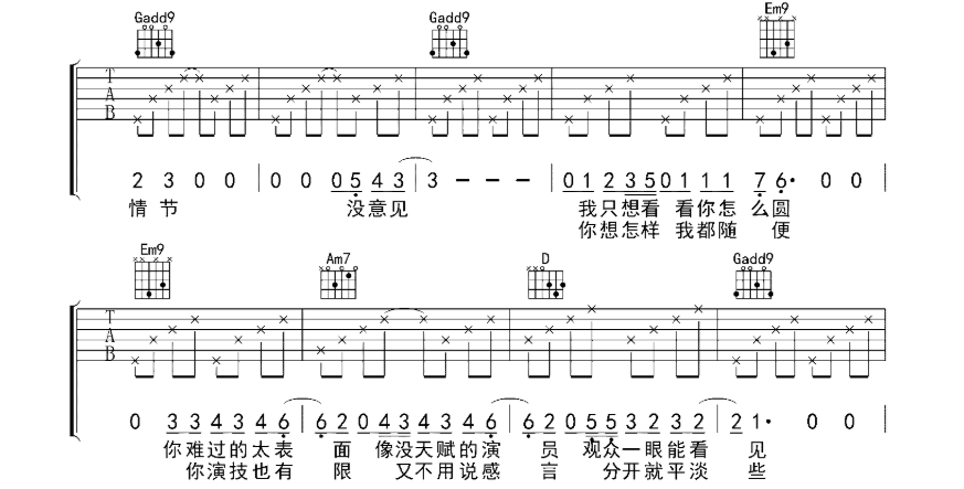 演员吉他谱,原版歌曲,简单G调弹唱教学,六线谱指弹简谱5张图
