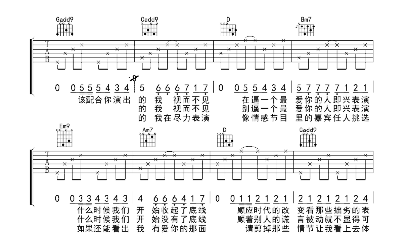 演员吉他谱,原版歌曲,简单G调弹唱教学,六线谱指弹简谱5张图