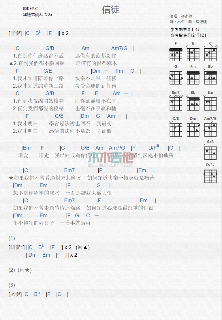 信徒吉他谱,简单C调原版指弹曲谱,张卫健高清流行弹唱六线乐谱