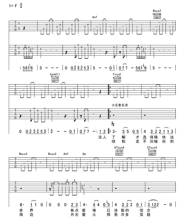 一个人流浪吉他谱,原版歌曲,简单F调弹唱教学,六线谱指弹简谱3张图