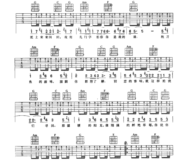 七里香吉他谱,原版歌曲,简单E调弹唱教学,六线谱指弹简谱6张图