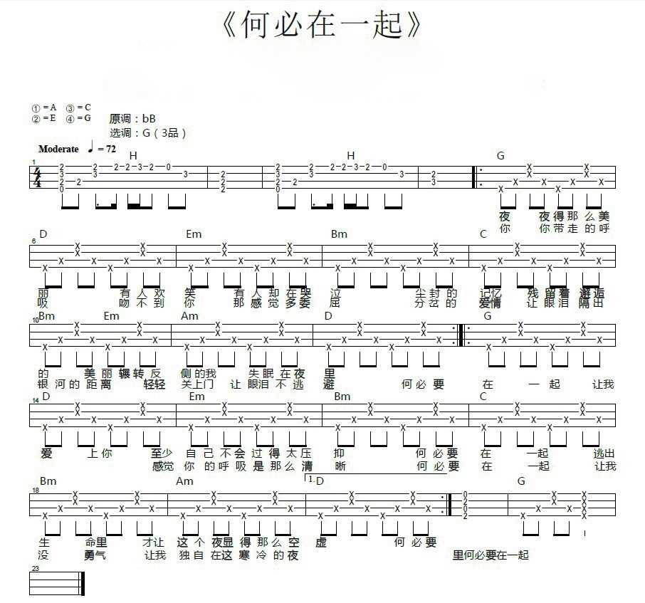 何必在一起吉他谱,简单C调原版指弹曲谱,张杰高清流行弹唱六线乐谱