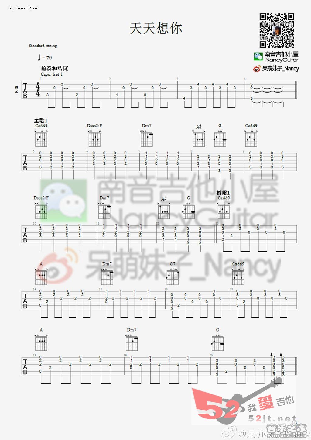 天天想你吉他谱,简单C调原版指弹曲谱,张雨生高清流行弹唱Nancy版视频六线乐谱