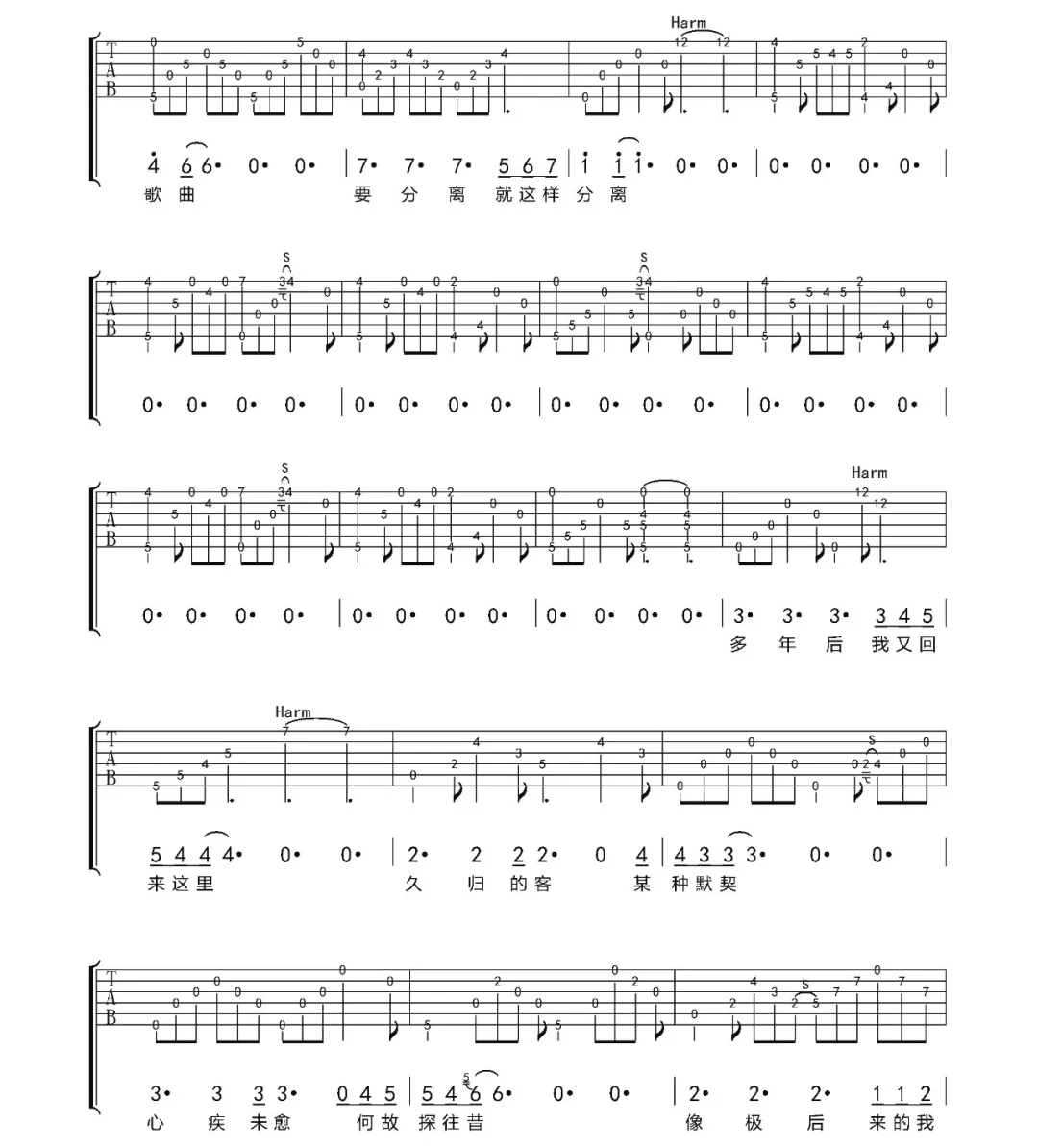 重逢吉他谱,原版歌曲,简单E调弹唱教学,六线谱指弹简谱4张图