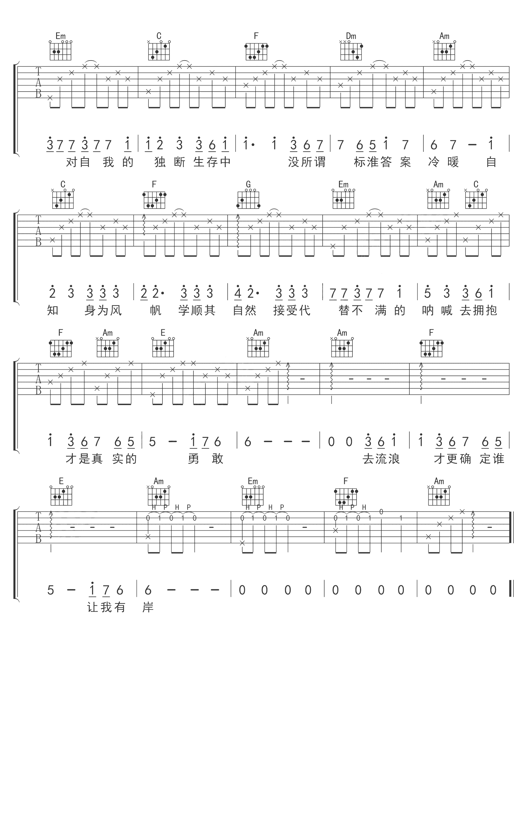 身为风帆吉他谱,原版歌曲,简单C调弹唱教学,六线谱指弹简谱3张图