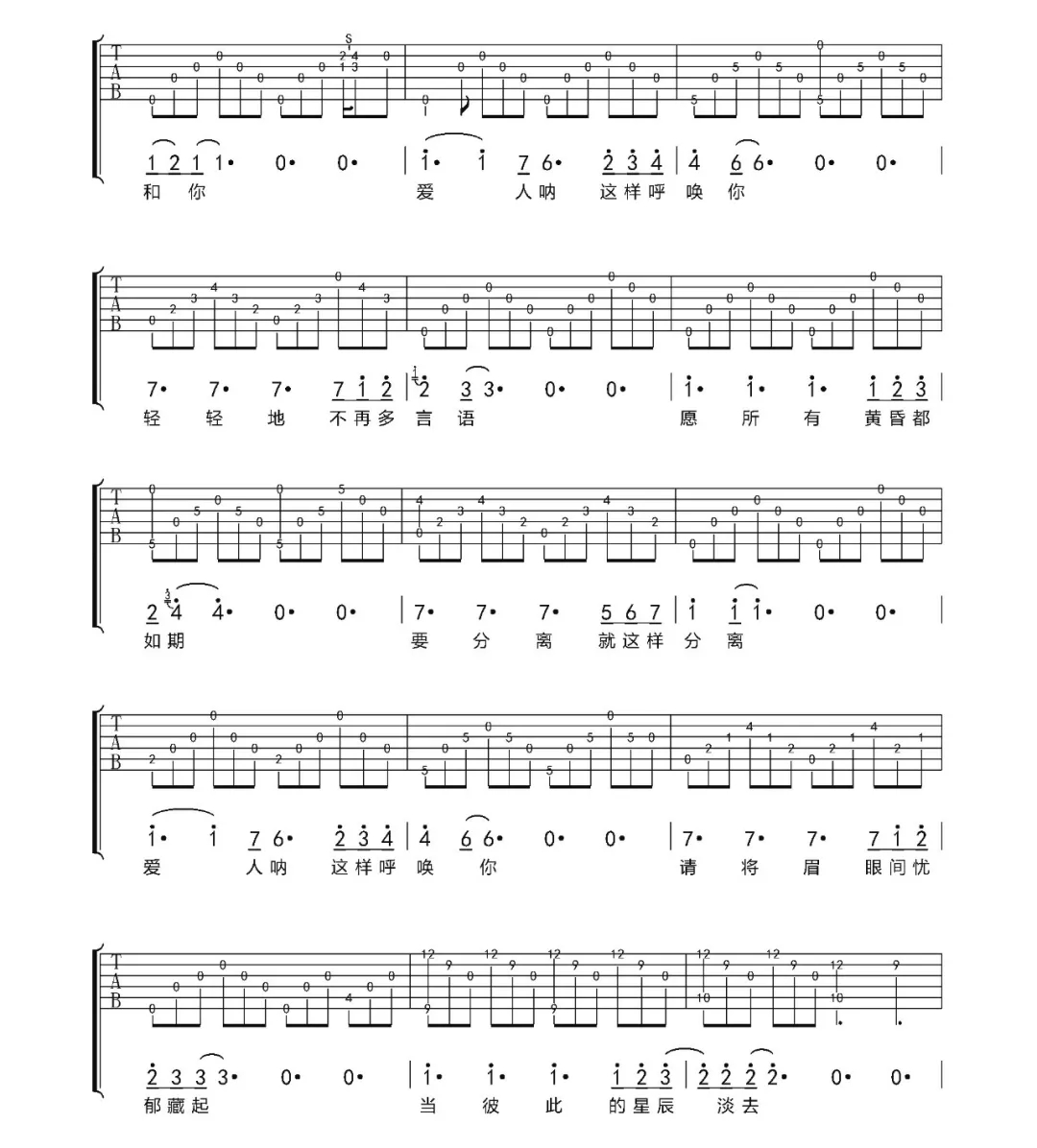 重逢吉他谱,原版歌曲,简单E调弹唱教学,六线谱指弹简谱4张图