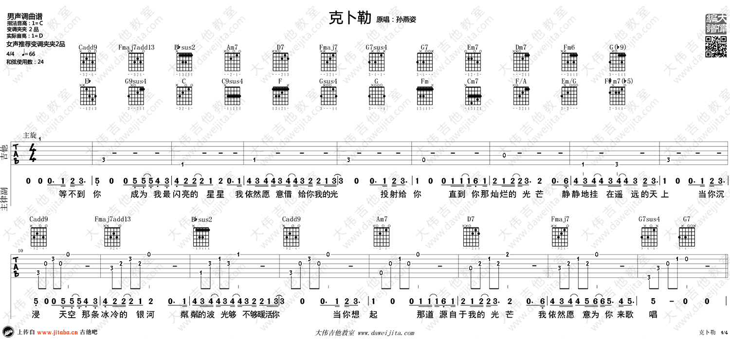 克卜勒吉他谱,原版歌曲,简单C调弹唱教学,六线谱指弹简谱1张图