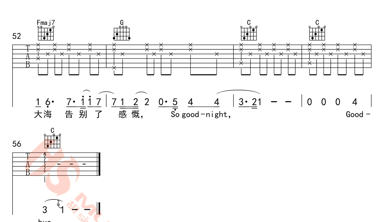 遗书吉他谱,原版歌曲,简单C调弹唱教学,六线谱指弹简谱5张图