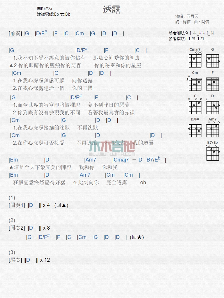 透露吉他谱,简单C调原版指弹曲谱,五月天高清流行弹唱六线乐谱