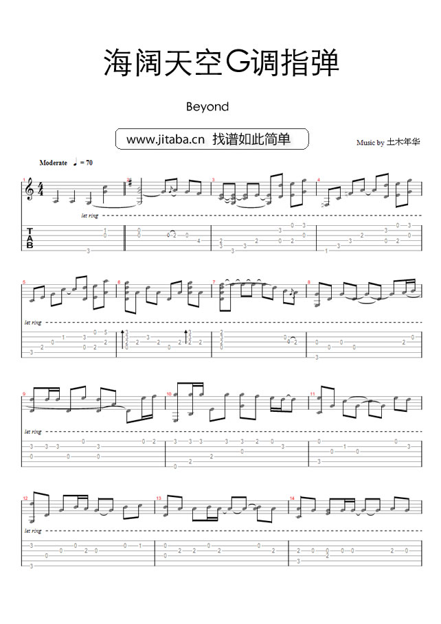海阔天空GTP谱的》_佟大为、邓超、黄晓明_Beyond_海阔天空G调指弹_G调_吉他图片谱1张|吉他谱,原版歌曲,简单Bey弹唱教学,六线谱指弹简谱1张图