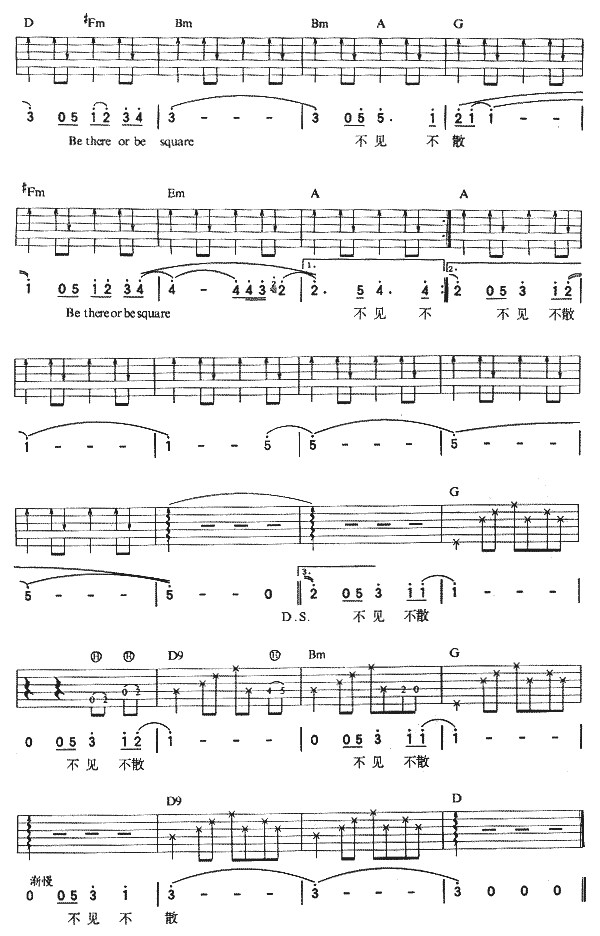 不见不散吉他谱,简单C调原版指弹曲谱,孙楠高清流行弹唱六线乐谱