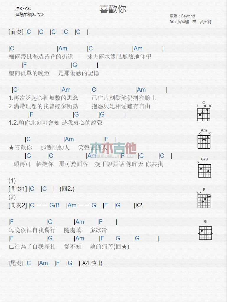喜欢你吉他谱,简单C调原版指弹曲谱,Beyond高清流行弹唱六线乐谱