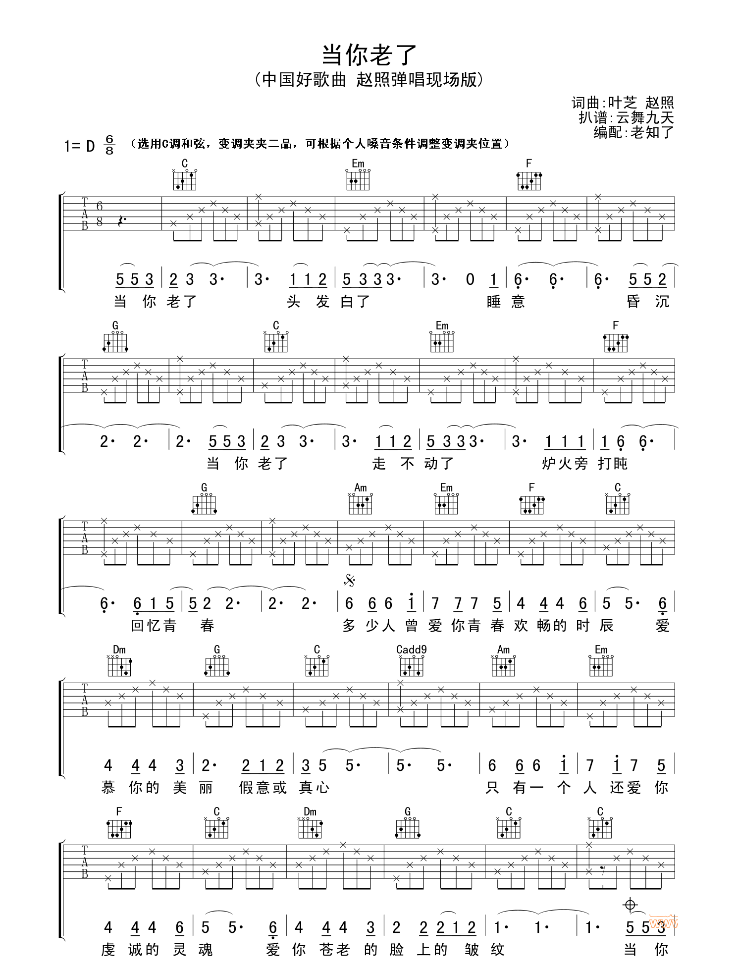 当你老了吉他谱,原版歌曲,简单D调弹唱教学,六线谱指弹简谱2张图