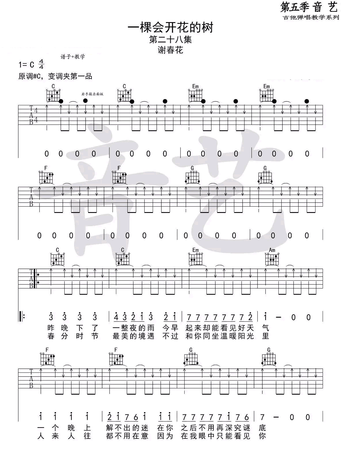 一棵会开花的树吉他谱,原版歌曲,简单_C调弹唱教学,六线谱指弹简谱完整版_C调_吉他图片谱4张图