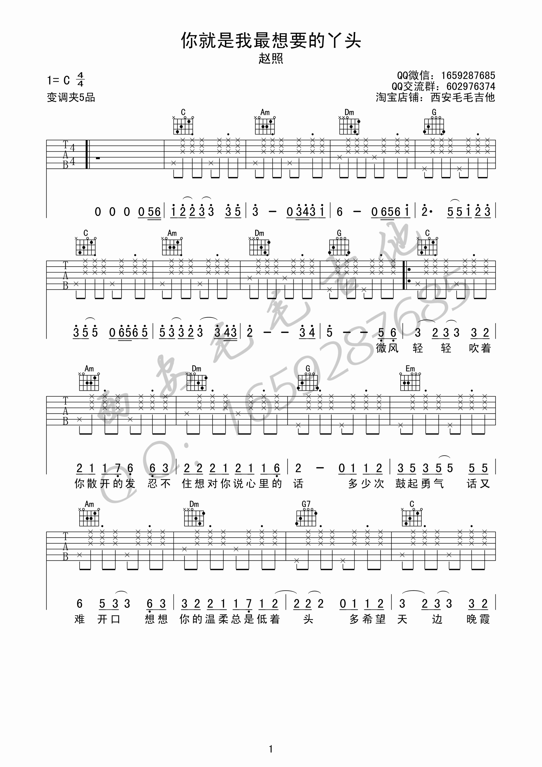 你就是我最想要的丫头赵照C调高清弹唱谱吉他谱,原版歌曲,简单C调弹唱教学,六线谱指弹简谱3张图