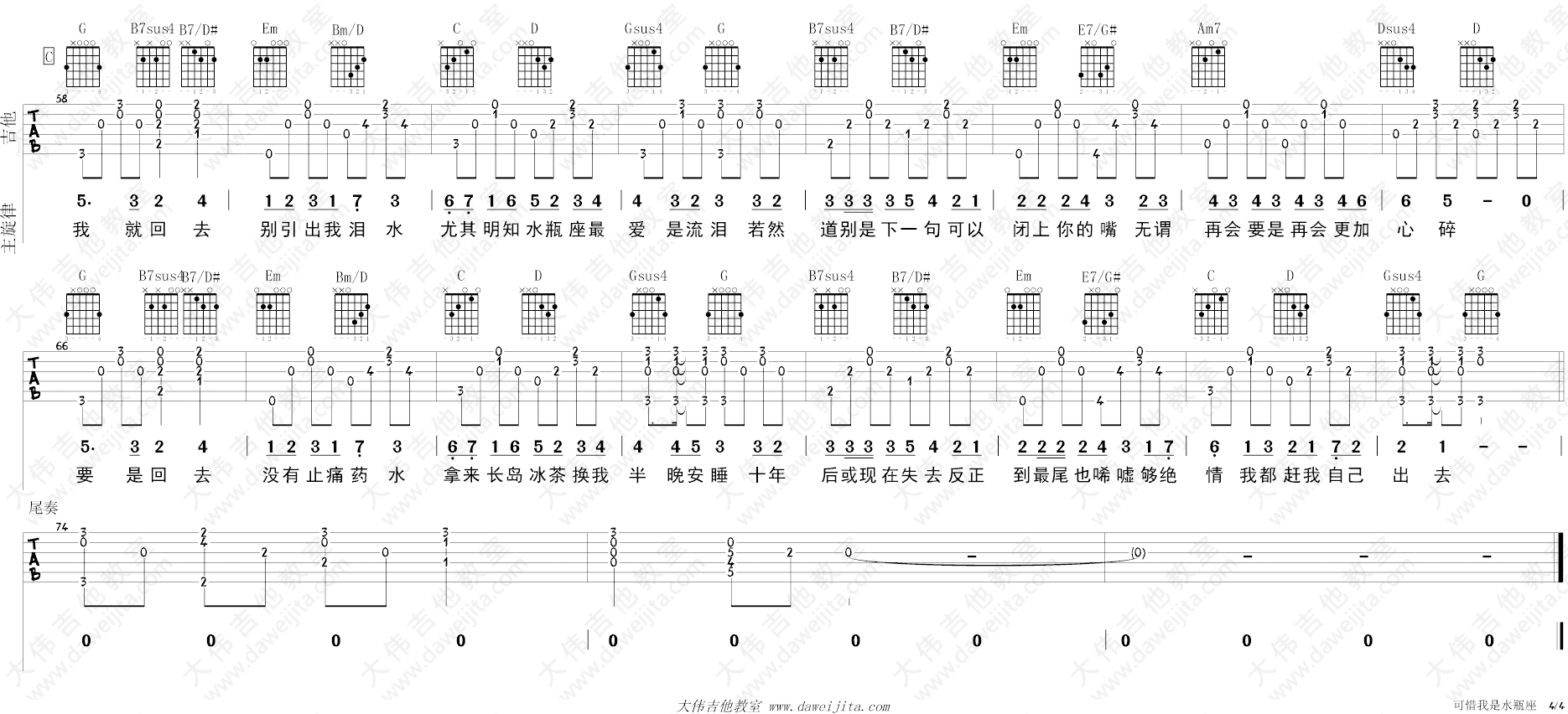 杨千嬅可惜我是水瓶座吉他谱,简单四张原版指弹曲谱,杨千嬅高清六线乐谱