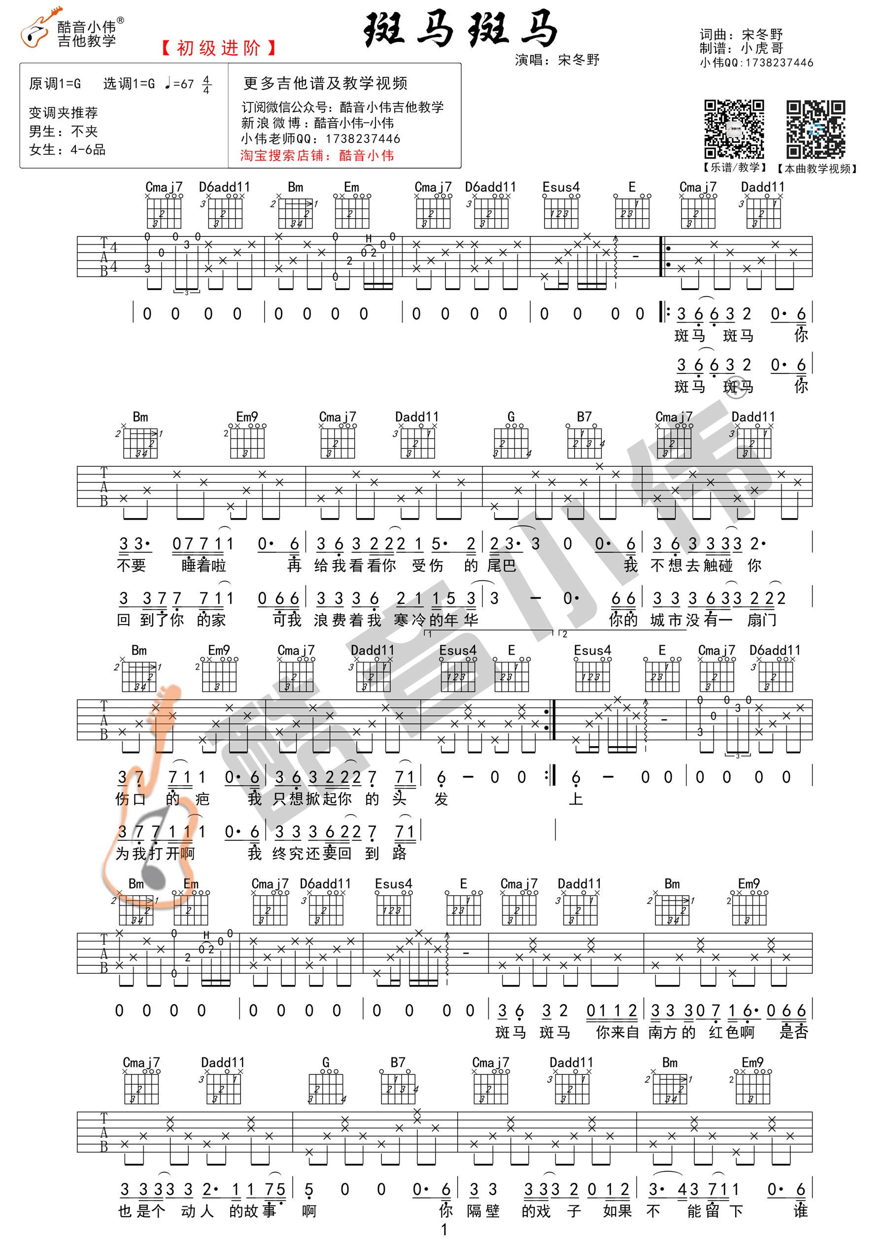 斑马斑马宋冬野G调初级进阶版（酷音小伟吉他）吉他谱,原版歌曲,简单G调弹唱教学,六线谱指弹简谱1张图