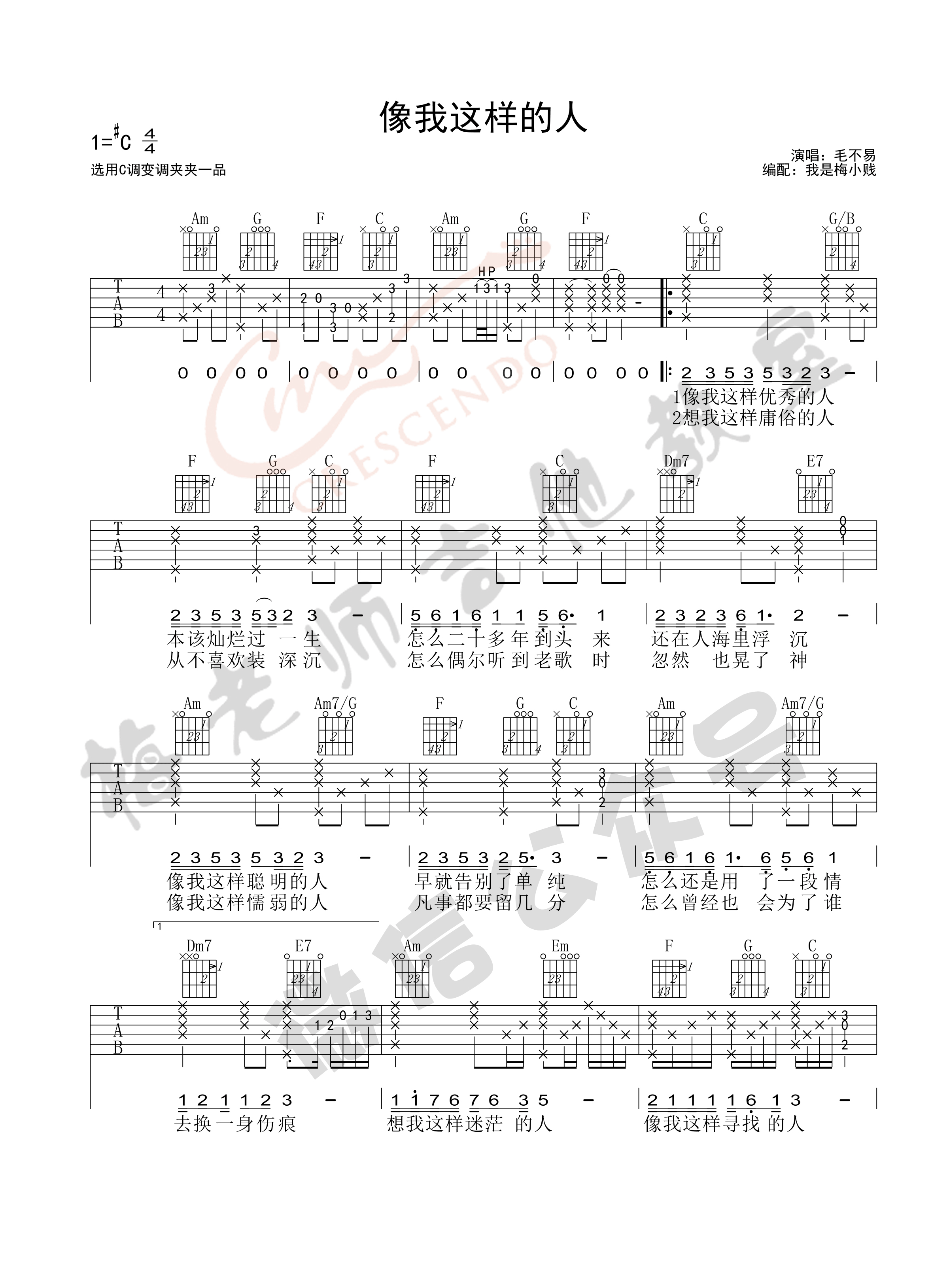 像我这样的人毛不易C调梅老师吉他教室版吉他谱,原版歌曲,简单C调弹唱教学,六线谱指弹简谱1张图