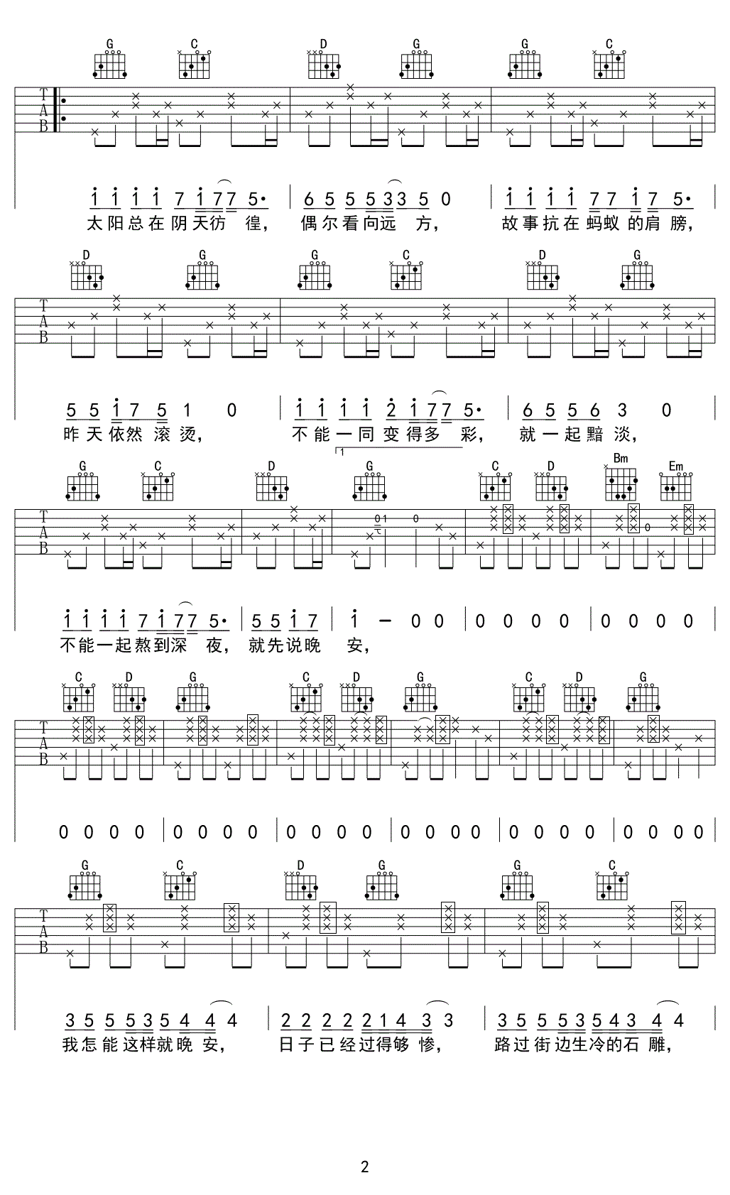 姜铭扬&闷猪如人饮水吉他谱,简单G调原版指弹曲谱,闷猪高清六线乐谱