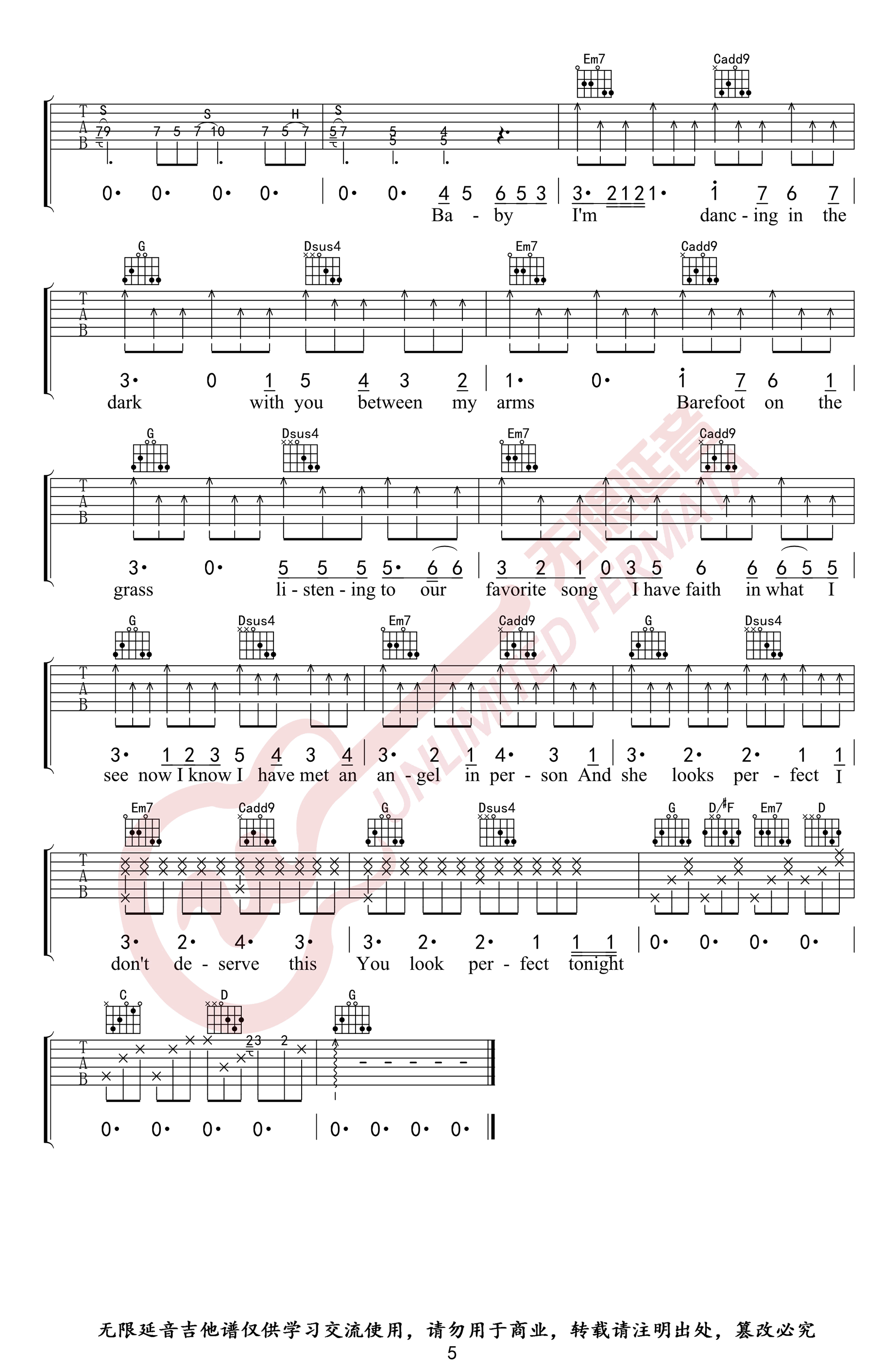 EdSheeranPerfect吉他谱,简单C调原版指弹曲谱,Ed Sheeran高清六线乐谱