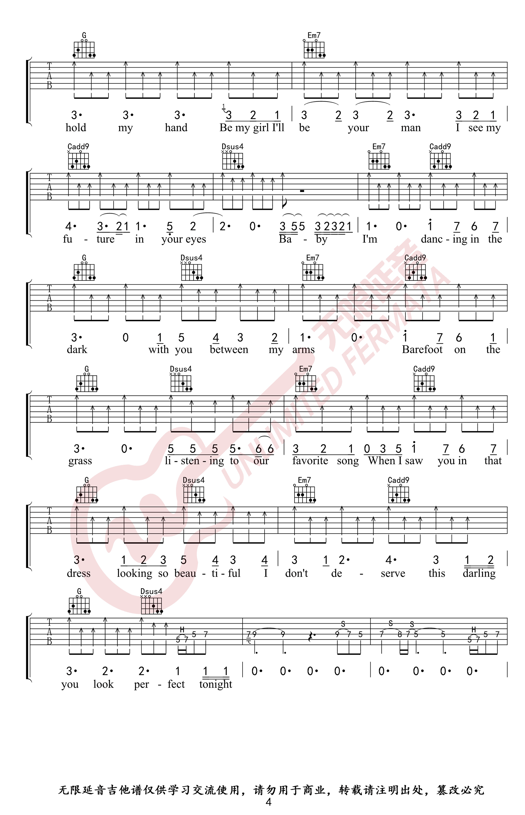 EdSheeranPerfect吉他谱,简单C调原版指弹曲谱,Ed Sheeran高清六线乐谱