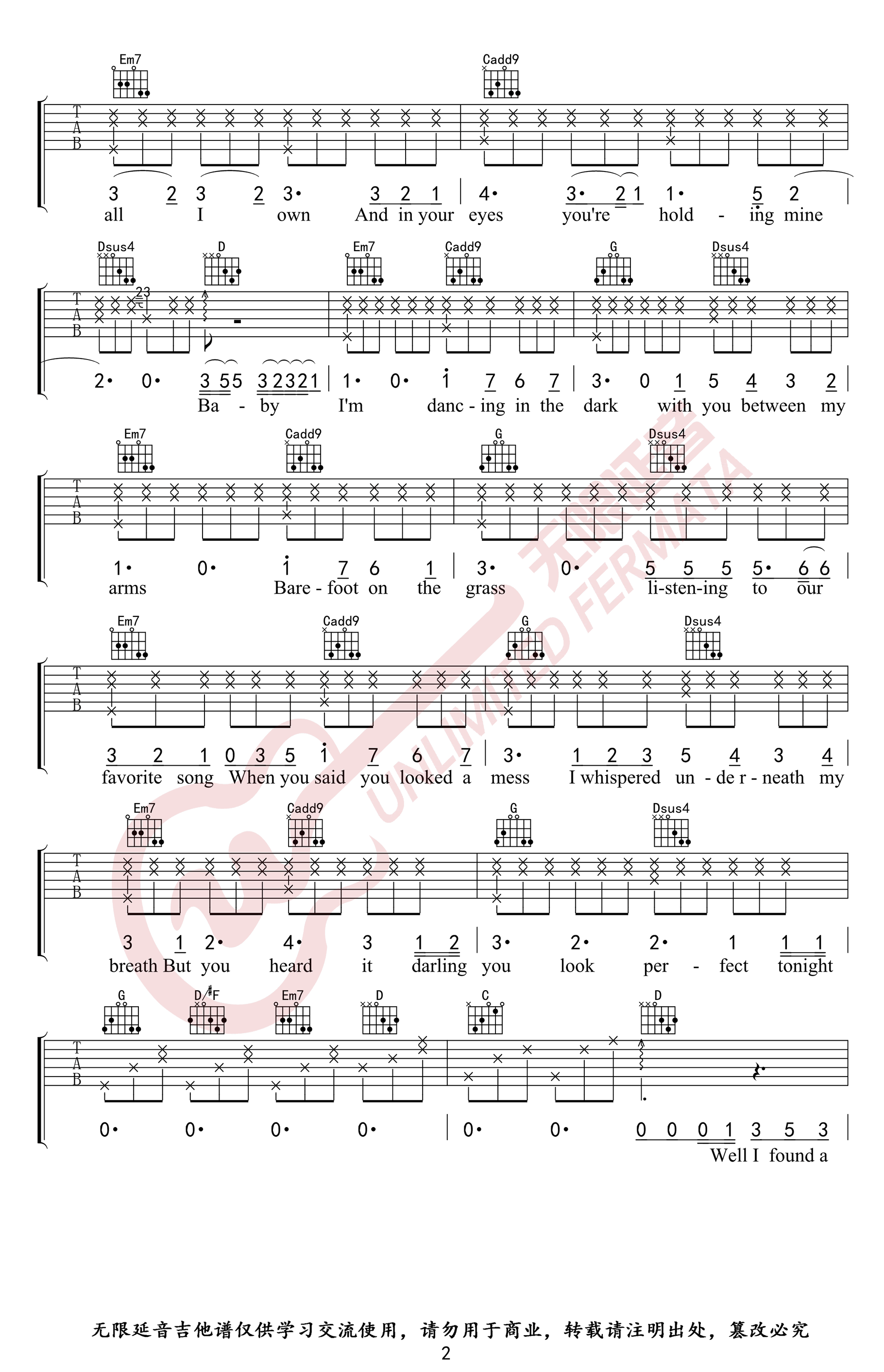 EdSheeranPerfect吉他谱,简单C调原版指弹曲谱,Ed Sheeran高清六线乐谱