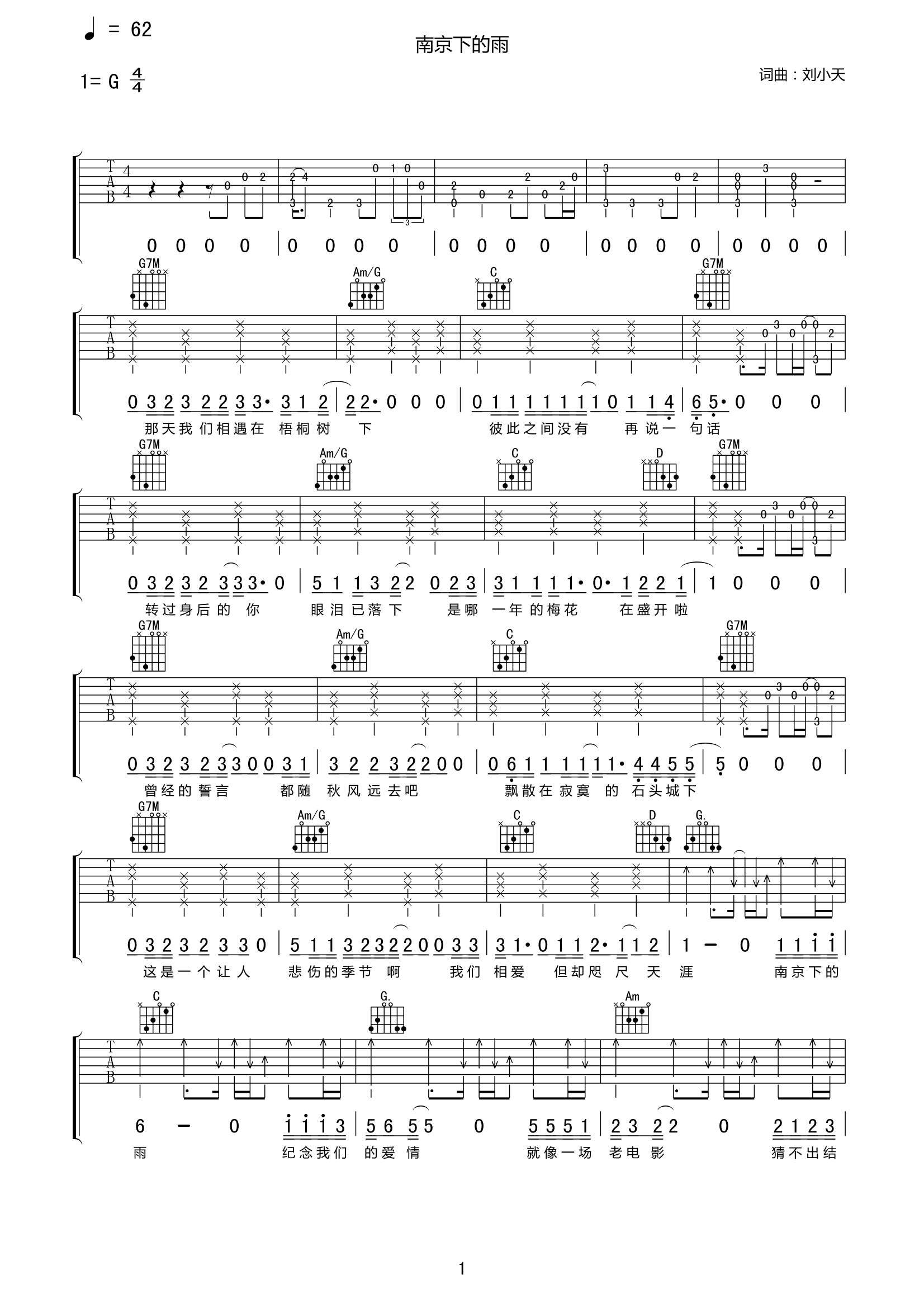 南京下的雨刘小天G调高清弹唱谱吉他谱,原版歌曲,简单G调弹唱教学,六线谱指弹简谱1张图