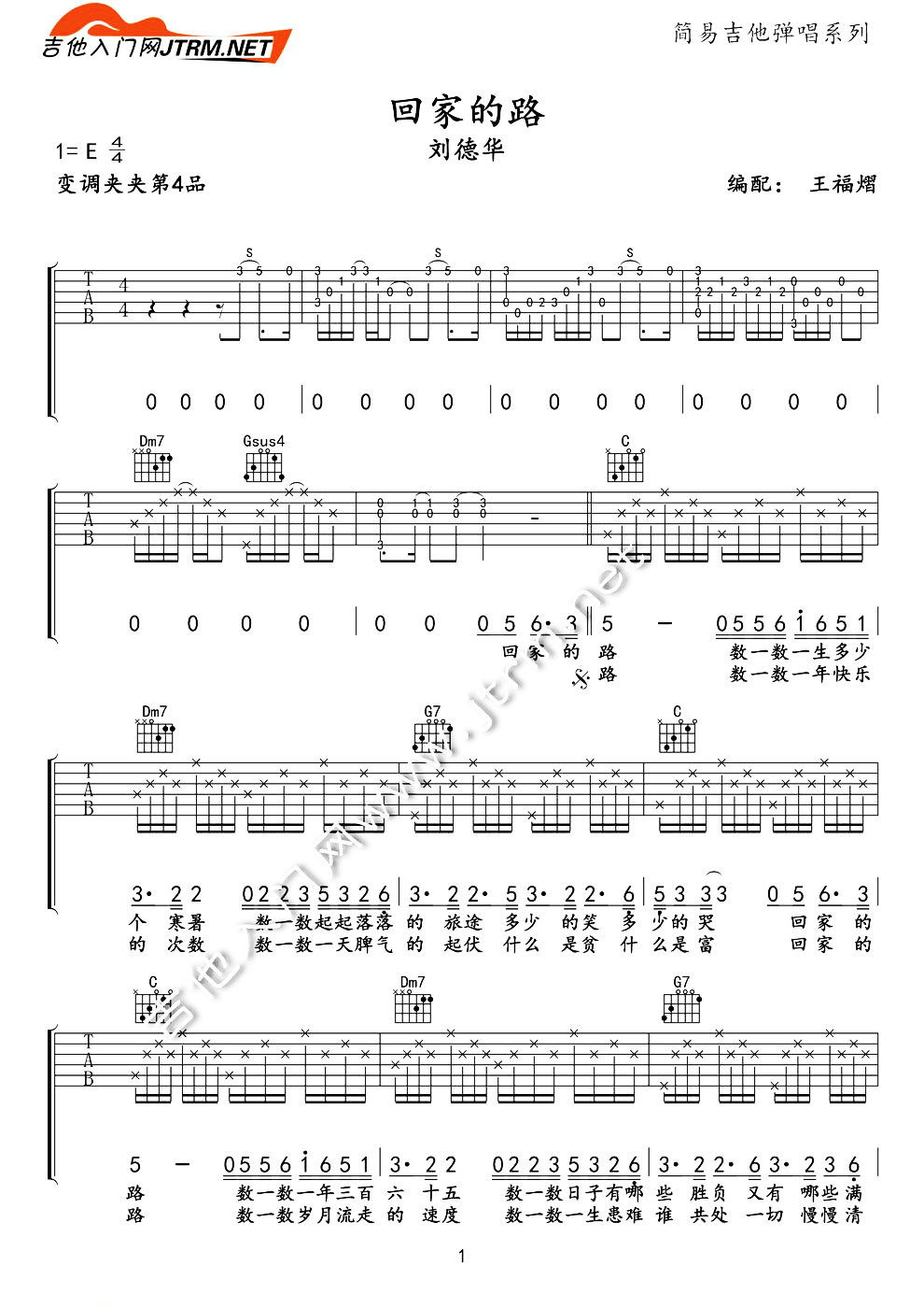 回家的路刘德华C调吉他谱,原版歌曲,简单C调弹唱教学,六线谱指弹简谱1张图