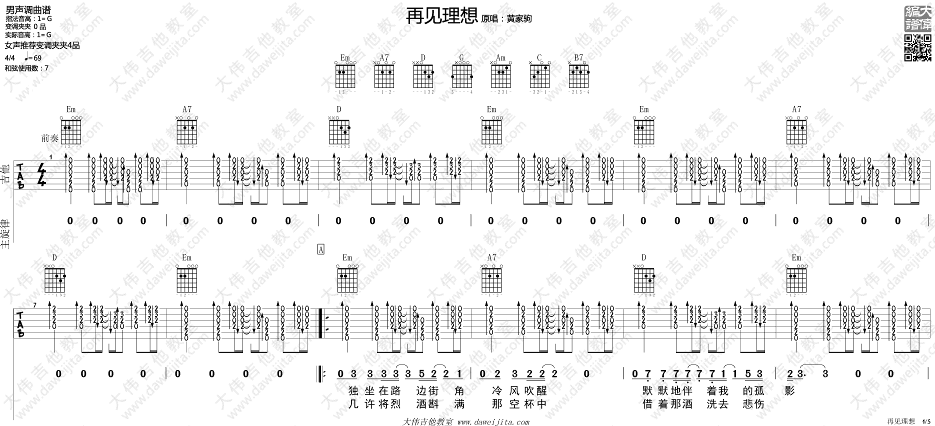 Beyond再见理想吉他谱,简单五张原版指弹曲谱,Beyond高清六线乐谱