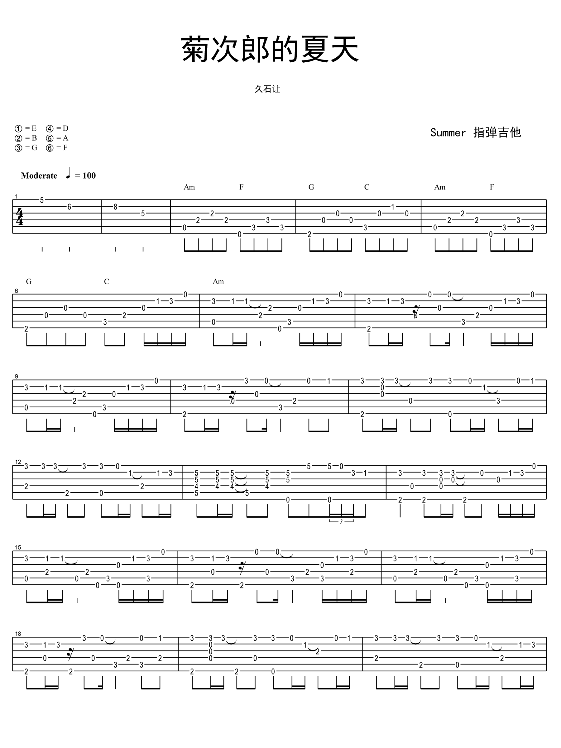 久石让菊次郎的夏天吉他谱,简单三张原版指弹曲谱,久石让高清六线乐谱