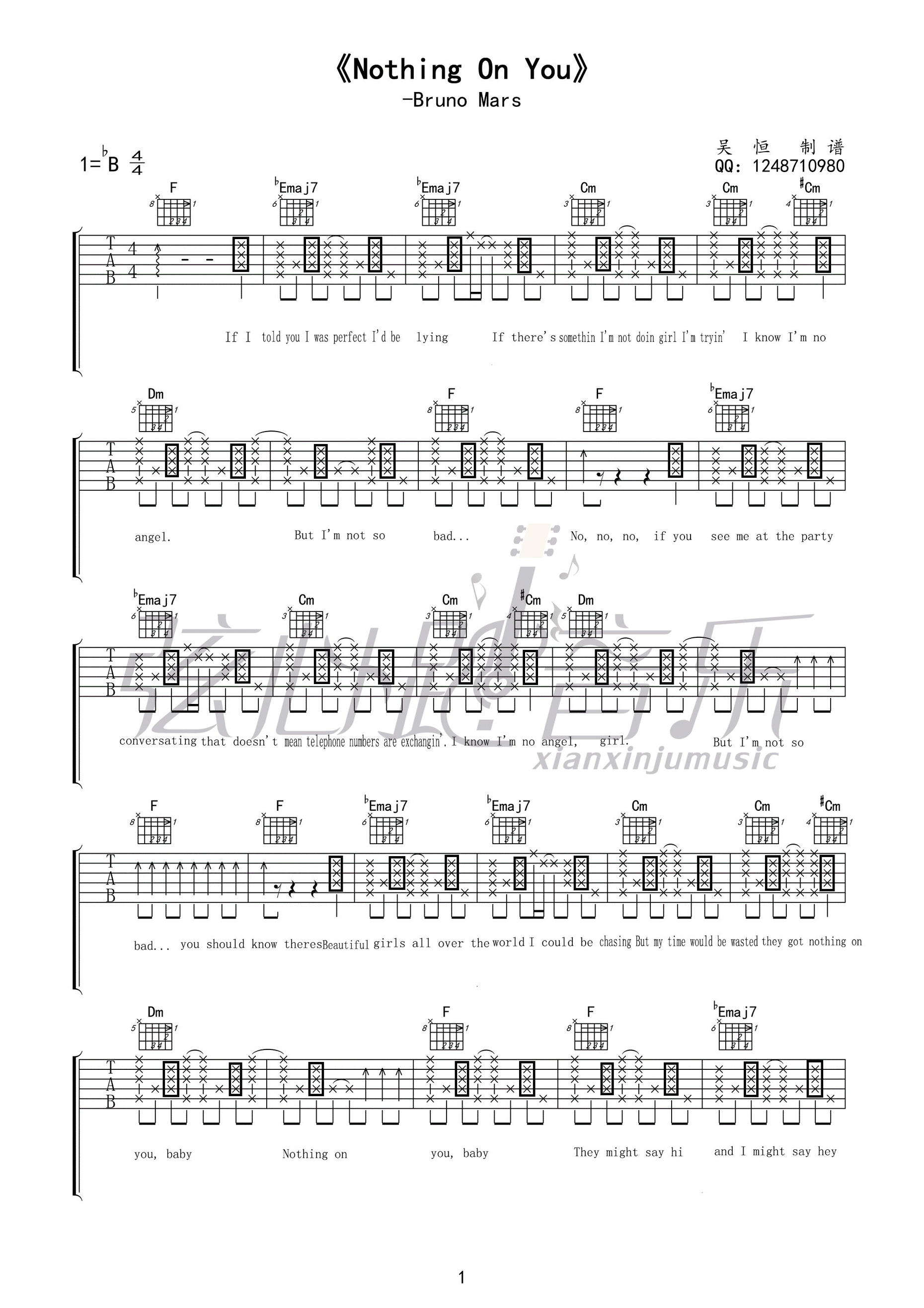 nothingonyou吉他谱,原版歌曲,简单B调弹唱教学,六线谱指弹简谱1张图